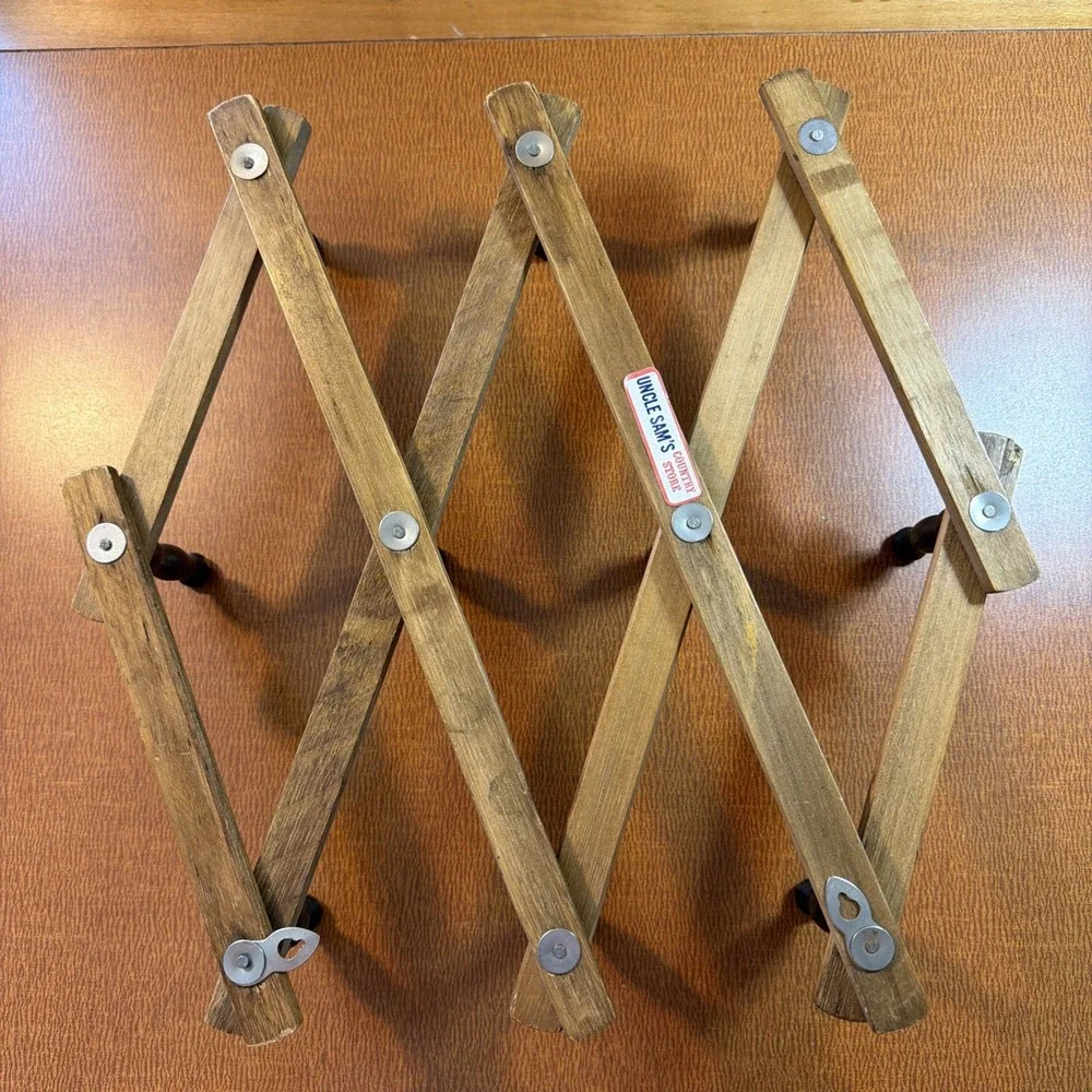 Vintage Accordion Wood Peg Rack 10 Pegs Wall Storage Organizer Coats Mugs 13
